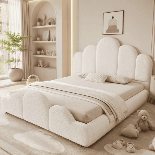 Cama infantil 140 x 200 cm u2014 estofada, com cabeceira almofadada e cantos arredondados u2014 bege
