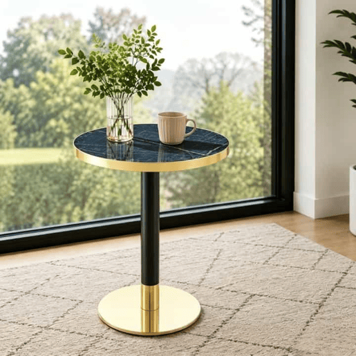 Mesa auxiliar redonda 60x60x74 cm - tampo com efeito de mármore e borda dourada, estrutura metálica estável, estilo moderno - Azul Mesa auxiliar redonda 60x60x74 cm - tampo com efeito de mármore e borda dourada, estrutura metálica estável, estilo moderno - Azul