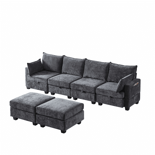 Sofá de canto modular em chenille com 4 lugares - em forma de U com otomana com arrumação e chaise longue - cinzento