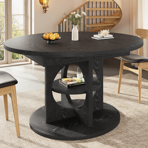 Mesa de jantar extensível com espaço de arrumação 110u2013150 cm - transformável de redonda em oval, acabamento com efeito de madeira, carga máxima de 60 kg - Preto Mesa de jantar extensível com espaço de arrumação 110u2013150 cm - transformável de redonda em oval, acabamento com efeito de madeira, carga máxima de 60 kg - Preto