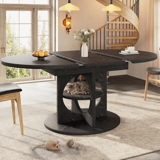 Mesa de jantar extensível com espaço de arrumação 110u2013150 cm - transformável de redonda em oval, acabamento com efeito de madeira, carga máxima de 60 kg - Preto Mesa de jantar extensível com espaço de arrumação 110u2013150 cm - transformável de redonda em oval, acabamento com efeito de madeira, carga máxima de 60 kg - Preto