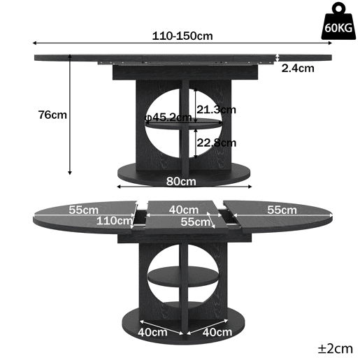 Mesa de jantar extensível com espaço de arrumação 110u2013150 cm - transformável de redonda em oval, acabamento com efeito de madeira, carga máxima de 60 kg - Preto Mesa de jantar extensível com espaço de arrumação 110u2013150 cm - transformável de redonda em oval, acabamento com efeito de madeira, carga máxima de 60 kg - Preto