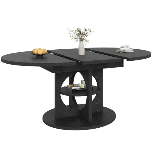 Mesa de jantar extensível com espaço de arrumação 110u2013150 cm - transformável de redonda em oval, acabamento com efeito de madeira, carga máxima de 60 kg - Preto Mesa de jantar extensível com espaço de arrumação 110u2013150 cm - transformável de redonda em oval, acabamento com efeito de madeira, carga máxima de 60 kg - Preto