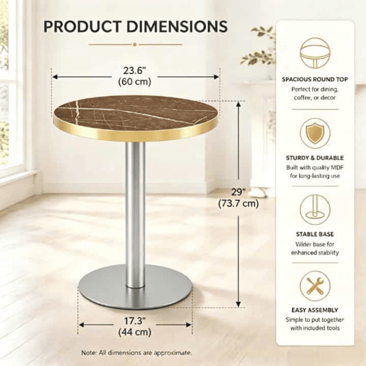 Mesa auxiliar redonda 60x60x74 cm - efeito mármore, estrutura em aço inoxidável dourado, base estável para sala de estar - cinzenta Mesa auxiliar redonda 60x60x74 cm - efeito mármore, estrutura em aço inoxidável dourado, base estável para sala de estar - cinzenta