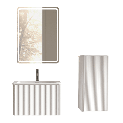 Conjunto de móveis de casa de banho de 61 cm - Suspenso com lavatório, espelho LED quadrado e armário auxiliar moderno - Branco Conjunto de móveis de casa de banho de 61 cm - Suspenso com lavatório, espelho LED quadrado e armário auxiliar moderno - Branco