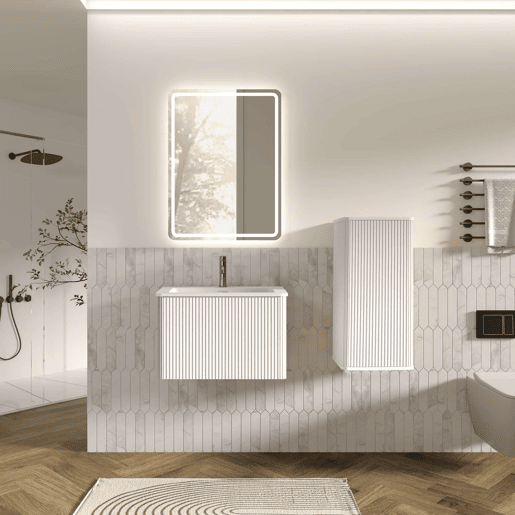 Conjunto de móveis de casa de banho de 61 cm - Suspenso com lavatório, espelho LED quadrado e armário auxiliar moderno - Branco Conjunto de móveis de casa de banho de 61 cm - Suspenso com lavatório, espelho LED quadrado e armário auxiliar moderno - Branco