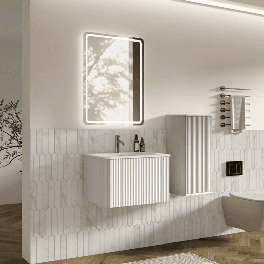 Conjunto de móveis de casa de banho de 61 cm - Suspenso com lavatório, espelho LED quadrado e armário auxiliar moderno - Branco Conjunto de móveis de casa de banho de 61 cm - Suspenso com lavatório, espelho LED quadrado e armário auxiliar moderno - Branco