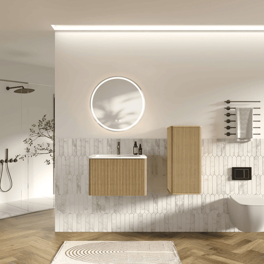 Conjunto de mobiliário de casa de banho de 61 cm u2013 suspenso com lavatório, espelho redondo com iluminação LED e armário auxiliar moderno u2013 cor carvalho Conjunto de mobiliário de casa de banho de 61 cm u2013 suspenso com lavatório, espelho redondo com iluminação LED e armário auxiliar moderno u2013 cor carvalho