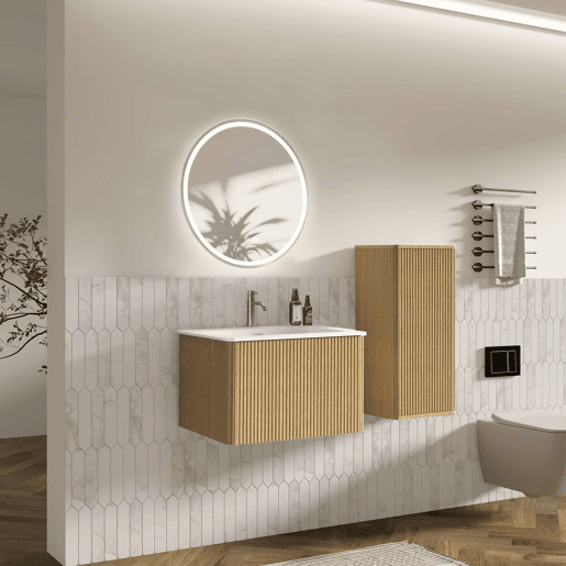 Conjunto de mobiliário de casa de banho de 61 cm u2013 suspenso com lavatório, espelho redondo com iluminação LED e armário auxiliar moderno u2013 cor carvalho Conjunto de mobiliário de casa de banho de 61 cm u2013 suspenso com lavatório, espelho redondo com iluminação LED e armário auxiliar moderno u2013 cor carvalho