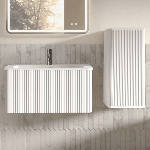 Conjunto de móveis de casa de banho de 81 cm u2013 suspenso, com lavatório e armário lateral, design moderno u2013 Branco Conjunto de móveis de casa de banho de 81 cm u2013 suspenso, com lavatório e armário lateral, design moderno u2013 Branco