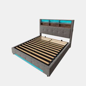 Cama estofada 160x200 cm - Cabeceira multifuncional com 6 compartimentos, bolsos laterais, USB-C, LED, grande espaço de arrumação hidráulico - Cinza escuro