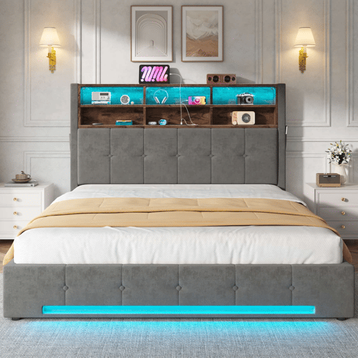 Cama estofada 160x200 cm - Cabeceira multifuncional com 6 compartimentos, bolsos laterais, USB-C, LED, grande espaço de arrumação hidráulico - Cinza escuro Cama estofada 160x200 cm - Cabeceira multifuncional com 6 compartimentos, bolsos laterais, USB-C, LED, grande espaço de arrumação hidráulico - Cinza escuro