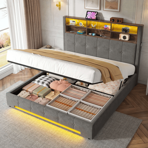 Cama estofada 160x200 cm - Cabeceira multifuncional com 6 compartimentos, bolsos laterais, USB-C, LED, grande espaço de arrumação hidráulico - Cinza escuro Cama estofada 160x200 cm - Cabeceira multifuncional com 6 compartimentos, bolsos laterais, USB-C, LED, grande espaço de arrumação hidráulico - Cinza escuro
