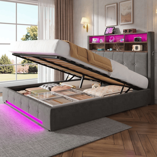 Cama estofada 160x200 cm - Cabeceira multifuncional com 6 compartimentos, bolsos laterais, USB-C, LED, grande espaço de arrumação hidráulico - Cinza escuro Cama estofada 160x200 cm - Cabeceira multifuncional com 6 compartimentos, bolsos laterais, USB-C, LED, grande espaço de arrumação hidráulico - Cinza escuro