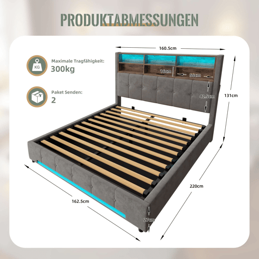 Cama estofada 160x200 cm - Cabeceira multifuncional com 6 compartimentos, bolsos laterais, USB-C, LED, grande espaço de arrumação hidráulico - Cinza escuro Cama estofada 160x200 cm - Cabeceira multifuncional com 6 compartimentos, bolsos laterais, USB-C, LED, grande espaço de arrumação hidráulico - Cinza escuro