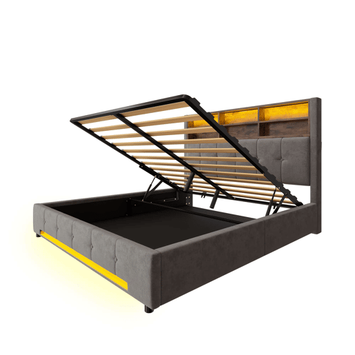Cama estofada 160x200 cm - Cabeceira multifuncional com 6 compartimentos, bolsos laterais, USB-C, LED, grande espaço de arrumação hidráulico - Cinza escuro Cama estofada 160x200 cm - Cabeceira multifuncional com 6 compartimentos, bolsos laterais, USB-C, LED, grande espaço de arrumação hidráulico - Cinza escuro