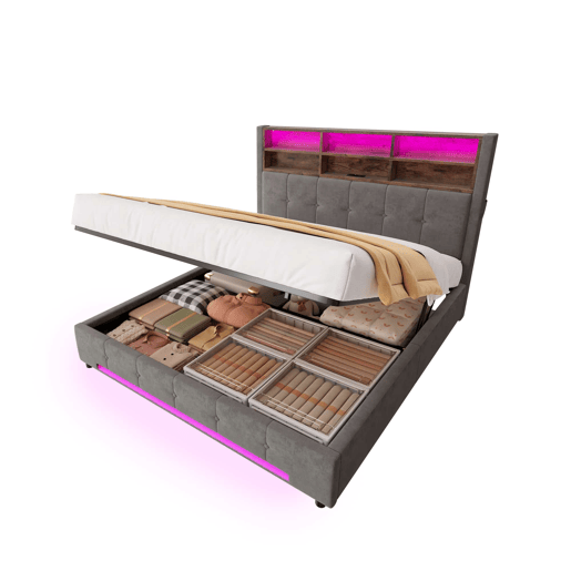 Cama estofada 160x200 cm - Cabeceira multifuncional com 6 compartimentos, bolsos laterais, USB-C, LED, grande espaço de arrumação hidráulico - Cinza escuro Cama estofada 160x200 cm - Cabeceira multifuncional com 6 compartimentos, bolsos laterais, USB-C, LED, grande espaço de arrumação hidráulico - Cinza escuro