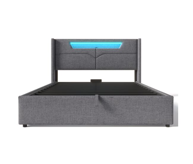 Cama tapizada 160x200 cm - led, usb tipo-c, almacenaje integrado, somier incluido, tejido de lino - gris