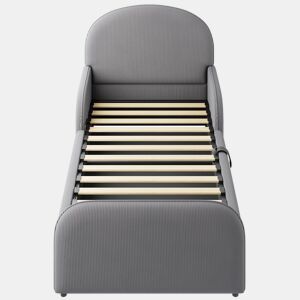 Cama infantil estofada 90x200 - com arrumação hidráulica, cabeceira alta e grades de segurança - cinzenta