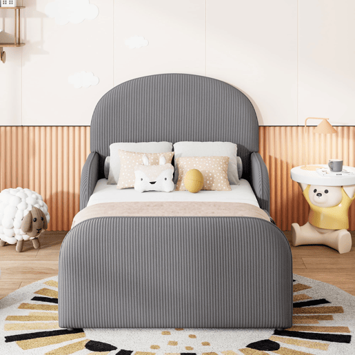 Cama infantil estofada 90x200 - com arrumação hidráulica, cabeceira alta e grades de segurança - cinzenta Cama infantil estofada 90x200 - com arrumação hidráulica, cabeceira alta e grades de segurança - cinzenta
