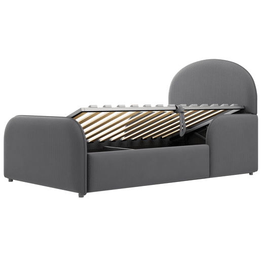 Cama infantil estofada 90x200 - com arrumação hidráulica, cabeceira alta e grades de segurança - cinzenta Cama infantil estofada 90x200 - com arrumação hidráulica, cabeceira alta e grades de segurança - cinzenta