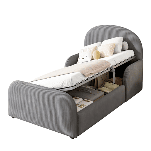Cama infantil estofada 90x200 - com arrumação hidráulica, cabeceira alta e grades de segurança - cinzenta Cama infantil estofada 90x200 - com arrumação hidráulica, cabeceira alta e grades de segurança - cinzenta