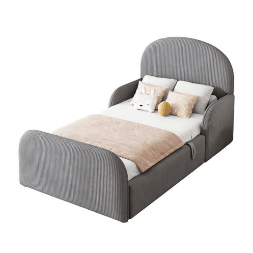 Cama infantil estofada 90x200 - com arrumação hidráulica, cabeceira alta e grades de segurança - cinzenta Cama infantil estofada 90x200 - com arrumação hidráulica, cabeceira alta e grades de segurança - cinzenta