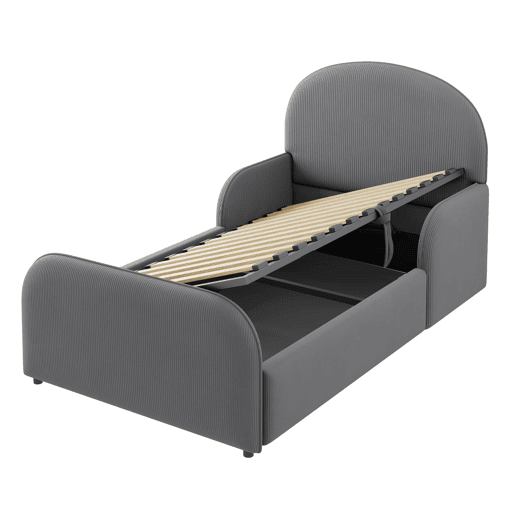 Cama infantil estofada 90x200 - com arrumação hidráulica, cabeceira alta e grades de segurança - cinzenta Cama infantil estofada 90x200 - com arrumação hidráulica, cabeceira alta e grades de segurança - cinzenta