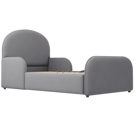 Cama infantil estofada 90x200 - com arrumação hidráulica, cabeceira alta e grades de segurança - cinzenta Cama infantil estofada 90x200 - com arrumação hidráulica, cabeceira alta e grades de segurança - cinzenta