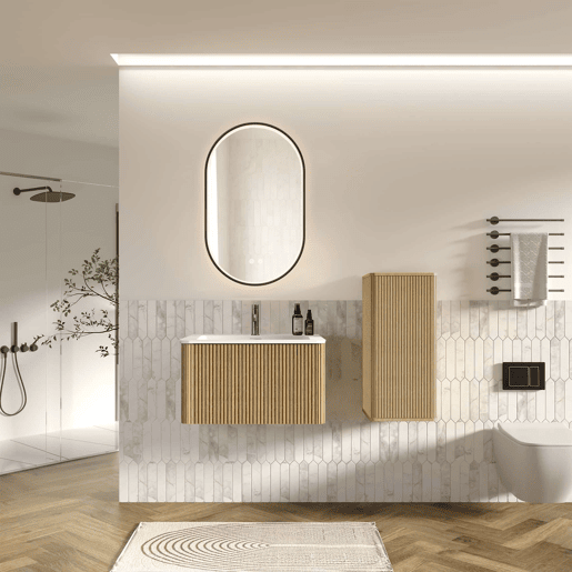 Conjunto de mobiliário de casa de banho de 81 cm u2013 lavatório suspenso com espelho LED oval e armário auxiliar u2013 Carvalho Conjunto de mobiliário de casa de banho de 81 cm u2013 lavatório suspenso com espelho LED oval e armário auxiliar u2013 Carvalho