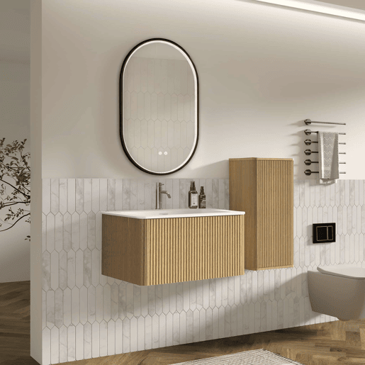 Conjunto de mobiliário de casa de banho de 81 cm u2013 lavatório suspenso com espelho LED oval e armário auxiliar u2013 Carvalho Conjunto de mobiliário de casa de banho de 81 cm u2013 lavatório suspenso com espelho LED oval e armário auxiliar u2013 Carvalho