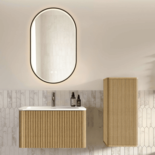 Conjunto de mobiliário de casa de banho de 81 cm u2013 lavatório suspenso com espelho LED oval e armário auxiliar u2013 Carvalho Conjunto de mobiliário de casa de banho de 81 cm u2013 lavatório suspenso com espelho LED oval e armário auxiliar u2013 Carvalho