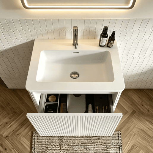 Conjunto de mobiliário de casa de banho com lavatório de 61 cm u2013 suspenso, com armário auxiliar e design moderno u2013 branco Conjunto de mobiliário de casa de banho com lavatório de 61 cm u2013 suspenso, com armário auxiliar e design moderno u2013 branco
