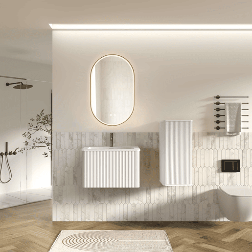 Conjunto de mobiliário de casa de banho de 61 cm u2013 lavatório suspenso, espelho LED oval com moldura dourada e armário auxiliar u2013 Branco Conjunto de mobiliário de casa de banho de 61 cm u2013 lavatório suspenso, espelho LED oval com moldura dourada e armário auxiliar u2013 Branco