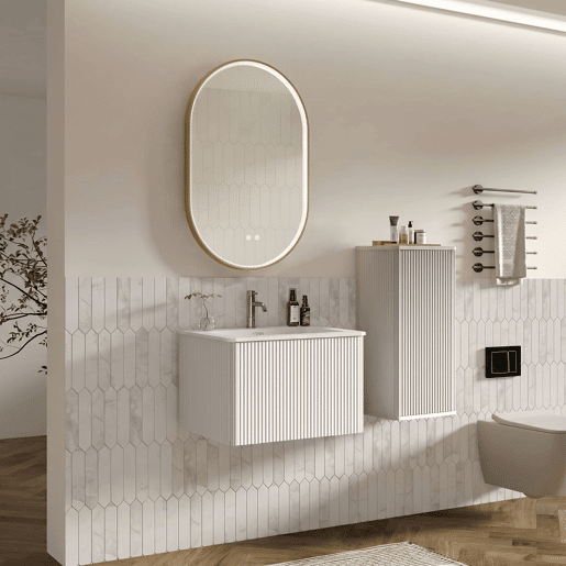 Conjunto de mobiliário de casa de banho de 61 cm u2013 lavatório suspenso, espelho LED oval com moldura dourada e armário auxiliar u2013 Branco Conjunto de mobiliário de casa de banho de 61 cm u2013 lavatório suspenso, espelho LED oval com moldura dourada e armário auxiliar u2013 Branco