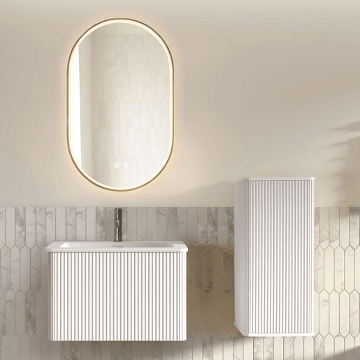 Conjunto de mobiliário de casa de banho de 61 cm u2013 lavatório suspenso, espelho LED oval com moldura dourada e armário auxiliar u2013 Branco Conjunto de mobiliário de casa de banho de 61 cm u2013 lavatório suspenso, espelho LED oval com moldura dourada e armário auxiliar u2013 Branco