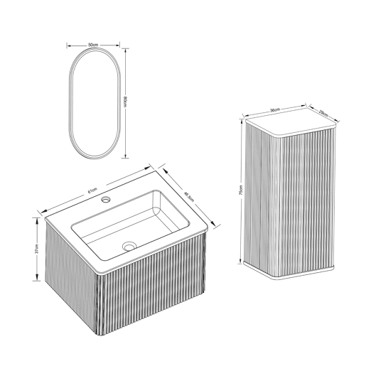 Conjunto de mobiliário de casa de banho de 61 cm u2013 lavatório suspenso, espelho LED oval com moldura dourada e armário auxiliar u2013 Branco Conjunto de mobiliário de casa de banho de 61 cm u2013 lavatório suspenso, espelho LED oval com moldura dourada e armário auxiliar u2013 Branco