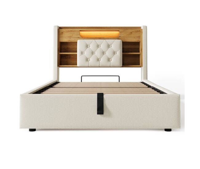 Cama tapizada 90x200 cm - canapé abatible hidráulico, led, usb y type-c, cabecero con estante y almacenamiento - beige