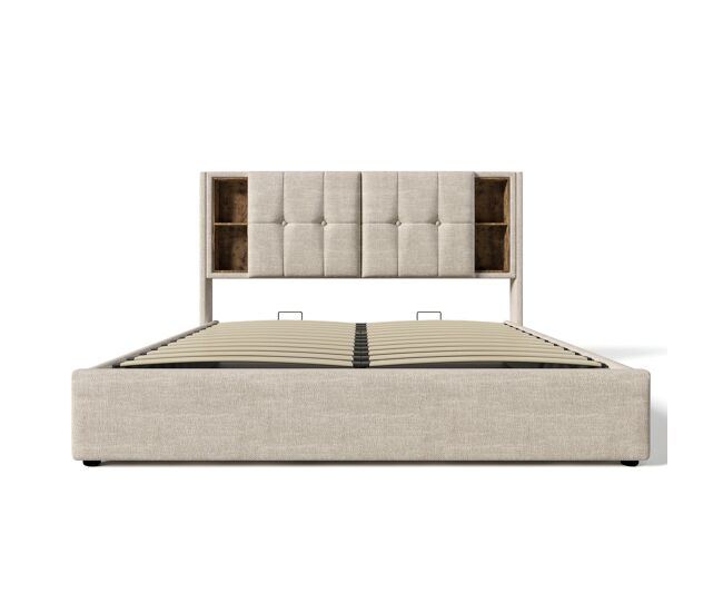 Cama doble 180x200 cm - polsterbett con carga inalámbrica usb-c, almacenamiento y somier de madera - natural