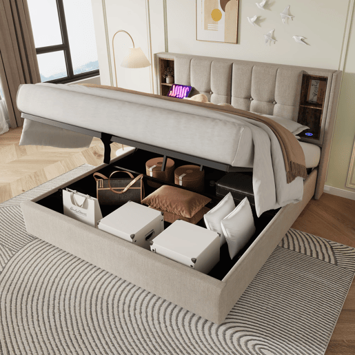 Cama de casal 180 x 200 cm - Cama estofada com carregamento sem fios USB-C, espaço de arrumação e base de madeira - Natural Cama de casal 180 x 200 cm - Cama estofada com carregamento sem fios USB-C, espaço de arrumação e base de madeira - Natural