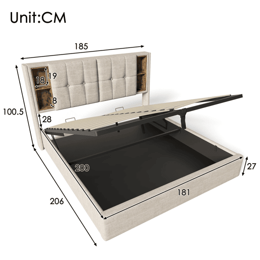 Cama de casal 180 x 200 cm - Cama estofada com carregamento sem fios USB-C, espaço de arrumação e base de madeira - Natural Cama de casal 180 x 200 cm - Cama estofada com carregamento sem fios USB-C, espaço de arrumação e base de madeira - Natural