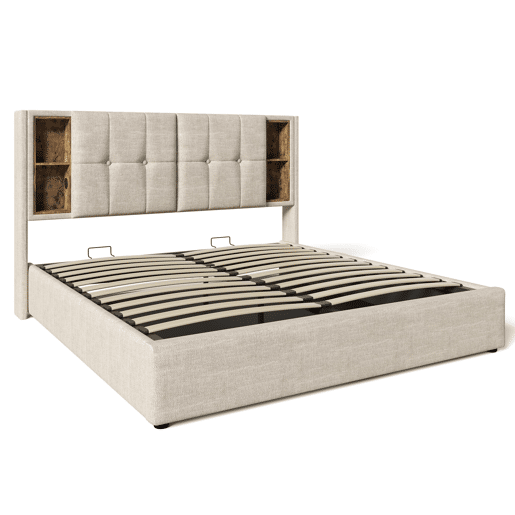 Cama de casal 180 x 200 cm - Cama estofada com carregamento sem fios USB-C, espaço de arrumação e base de madeira - Natural Cama de casal 180 x 200 cm - Cama estofada com carregamento sem fios USB-C, espaço de arrumação e base de madeira - Natural