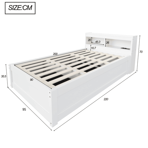 Sofá-cama 90 x 200 cm - tomada europeia, compartimentos de arrumação, fitas LED multicoloridas, mecanismo hidráulico, cama multifuncional em madeira maciça - branco