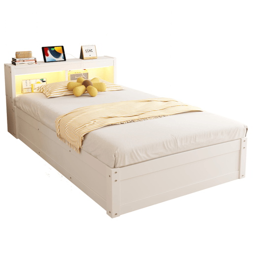 Sofá-cama 90 x 200 cm - tomada europeia, compartimentos de arrumação, fitas LED multicoloridas, mecanismo hidráulico, cama multifuncional em madeira maciça - branco