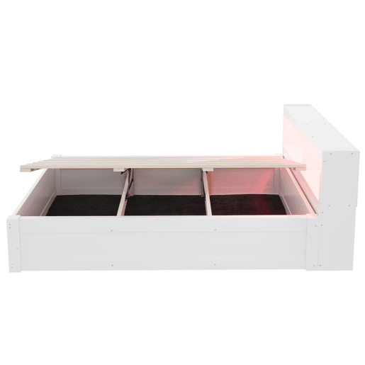 Sofá-cama 90 x 200 cm - tomada europeia, compartimentos de arrumação, fitas LED multicoloridas, mecanismo hidráulico, cama multifuncional em madeira maciça - branco