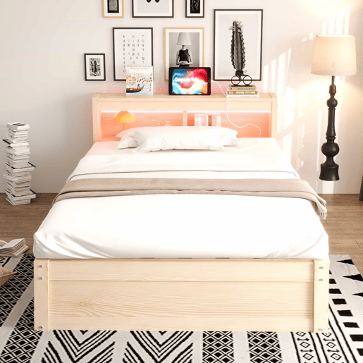 Sofá-cama 90 x 200 cm - Com tomada europeia, vários compartimentos, luzes LED multicoloridas e mecanismo hidráulico - Madeira Sofá-cama 90 x 200 cm - Com tomada europeia, vários compartimentos, luzes LED multicoloridas e mecanismo hidráulico - Madeira
