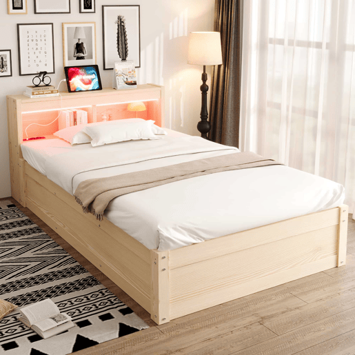 Sofá-cama 90 x 200 cm - Com tomada europeia, vários compartimentos, luzes LED multicoloridas e mecanismo hidráulico - Madeira Sofá-cama 90 x 200 cm - Com tomada europeia, vários compartimentos, luzes LED multicoloridas e mecanismo hidráulico - Madeira