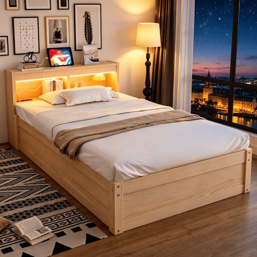 Sofá-cama 90 x 200 cm - Com tomada europeia, vários compartimentos, luzes LED multicoloridas e mecanismo hidráulico - Madeira Sofá-cama 90 x 200 cm - Com tomada europeia, vários compartimentos, luzes LED multicoloridas e mecanismo hidráulico - Madeira