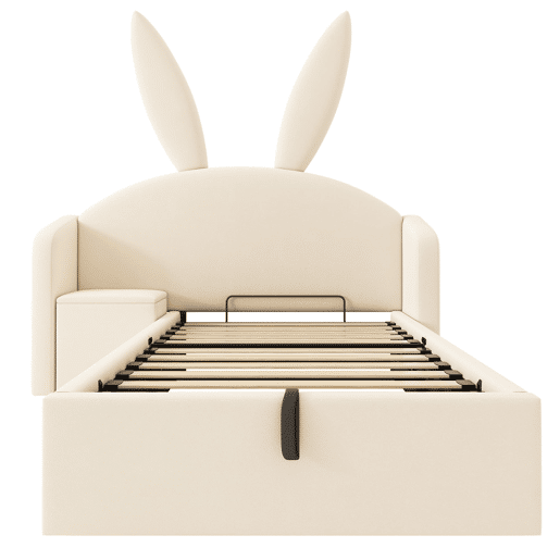 Cama juvenil 90 x 200 cm - com baú hidráulico, mesinha e design com orelhas de coelho, estofada em veludo - bege