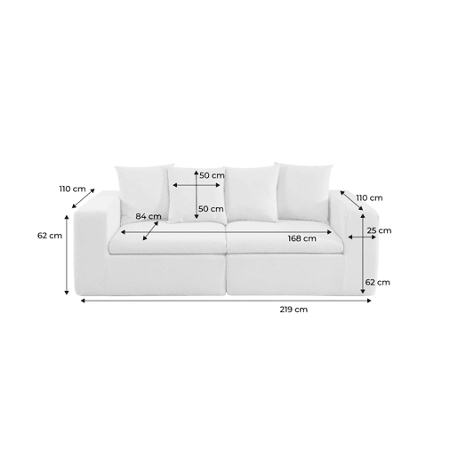 Sofá modular em tecido chenille embalado a vácuo, 2 lugares, Movi, Branco, 219x110x62 cm
